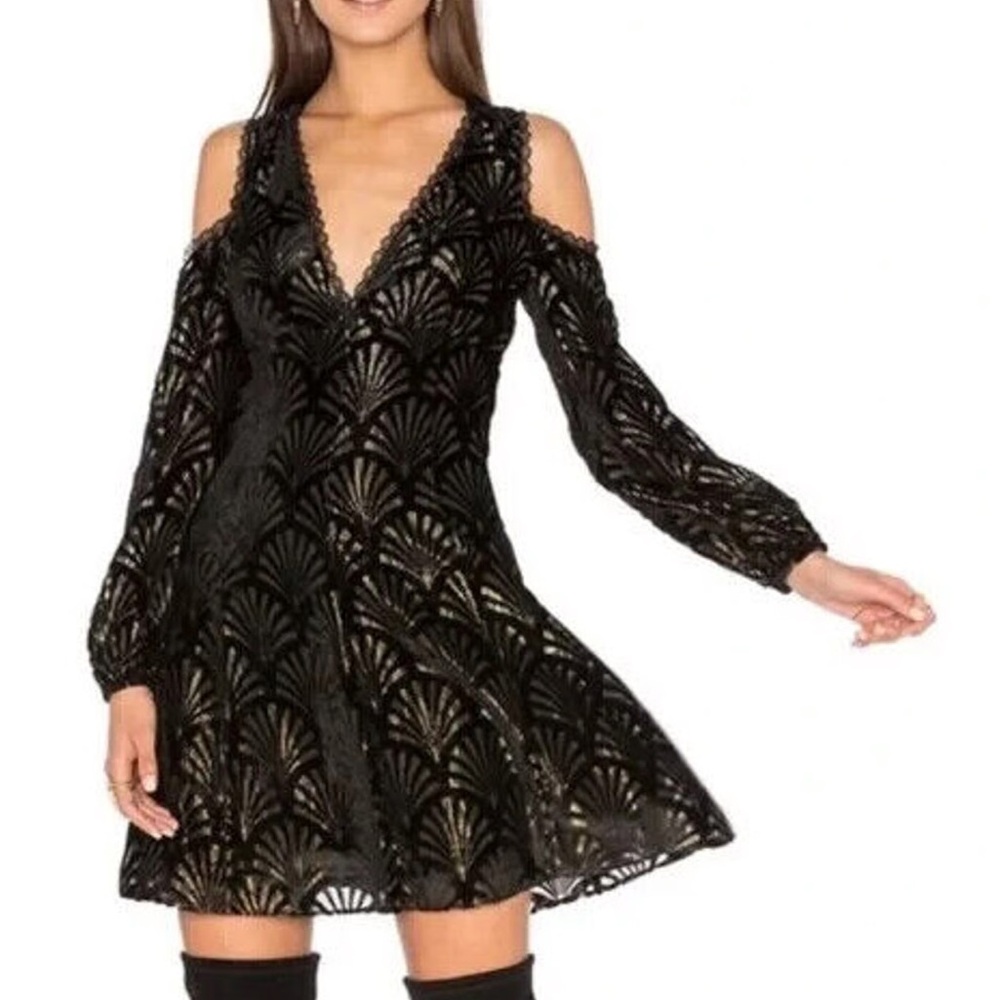 Alice + Olivia Arla Black & Gold Velvet Cold Shoulder Lace Detail Dress Size 2